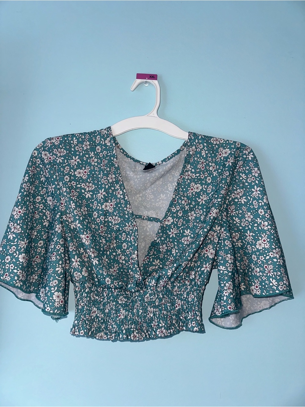 Floral V-Neck Smocked Waist Crop Top - Teal